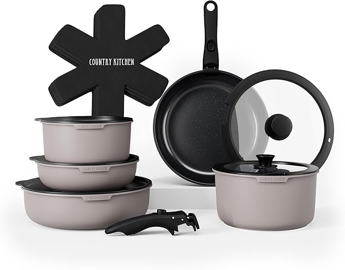 Country Kitchen Cookware Set with Removable Handle, Oven & RV Safe Pots and Pans Set, Grey/Black, Original