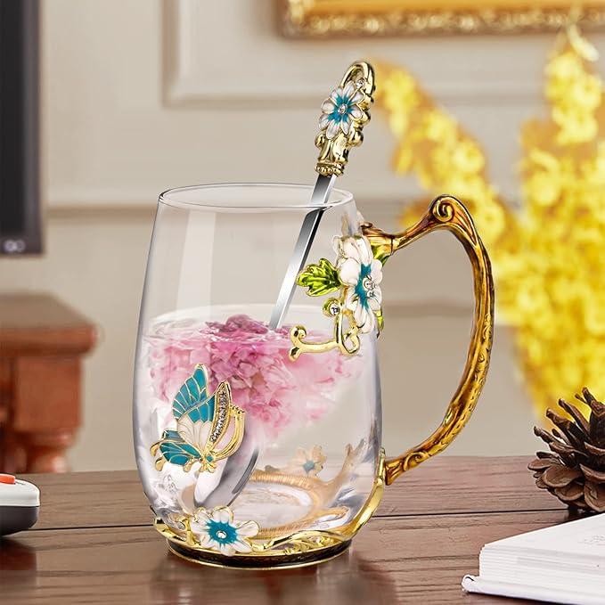 OEAGO Birthday Gifts for Women Mom Glass Coffee Enamels Mug Best Mothers Day Butterfly Gifts for Her from Daughter Son Lead-Free Christmas Tea Cup with Spoon Sets
