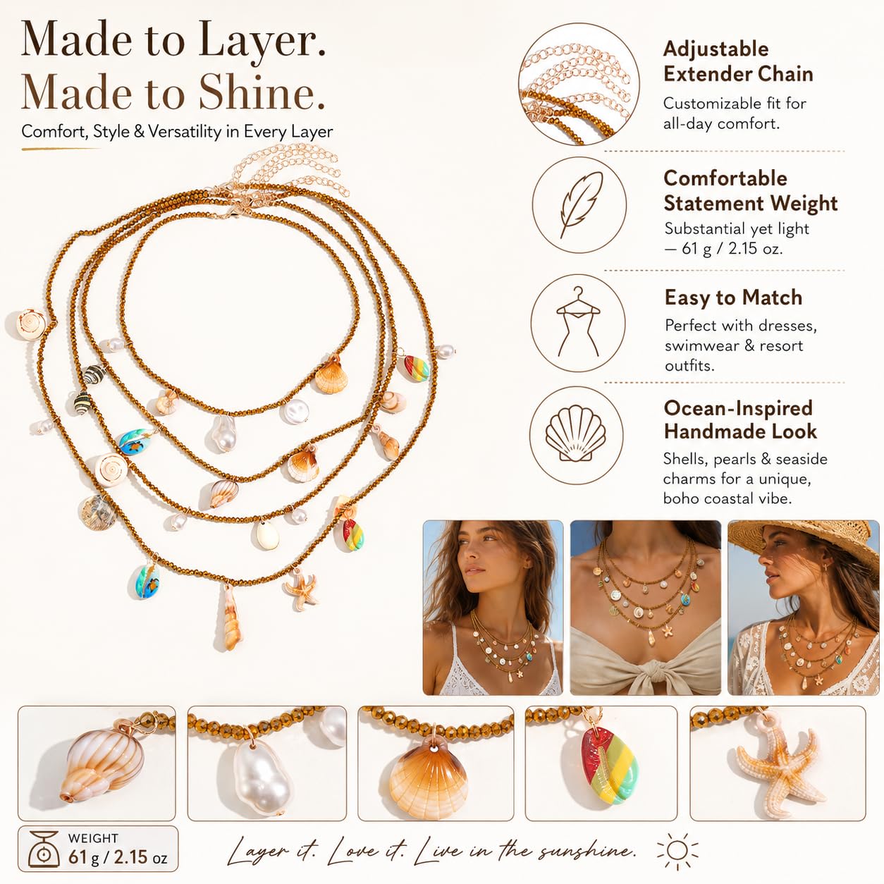 Boho Seashell Necklace For Women, Handmade Multi Layer Beaded Shell Starfish Conch Pearl Charm Pendant Necklaces Summer Beach Fashion Gifts Jewelry (4Pcs Gold)