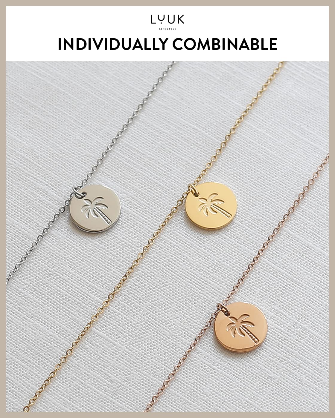 LUUK LIFESTYLE Feminine necklace for women with palm tree pendant and HAPPINESS card, modern and minimalist fashion accessory, holiday jewelry, travel lucky charm, Valentine’s Day, birthday, gold