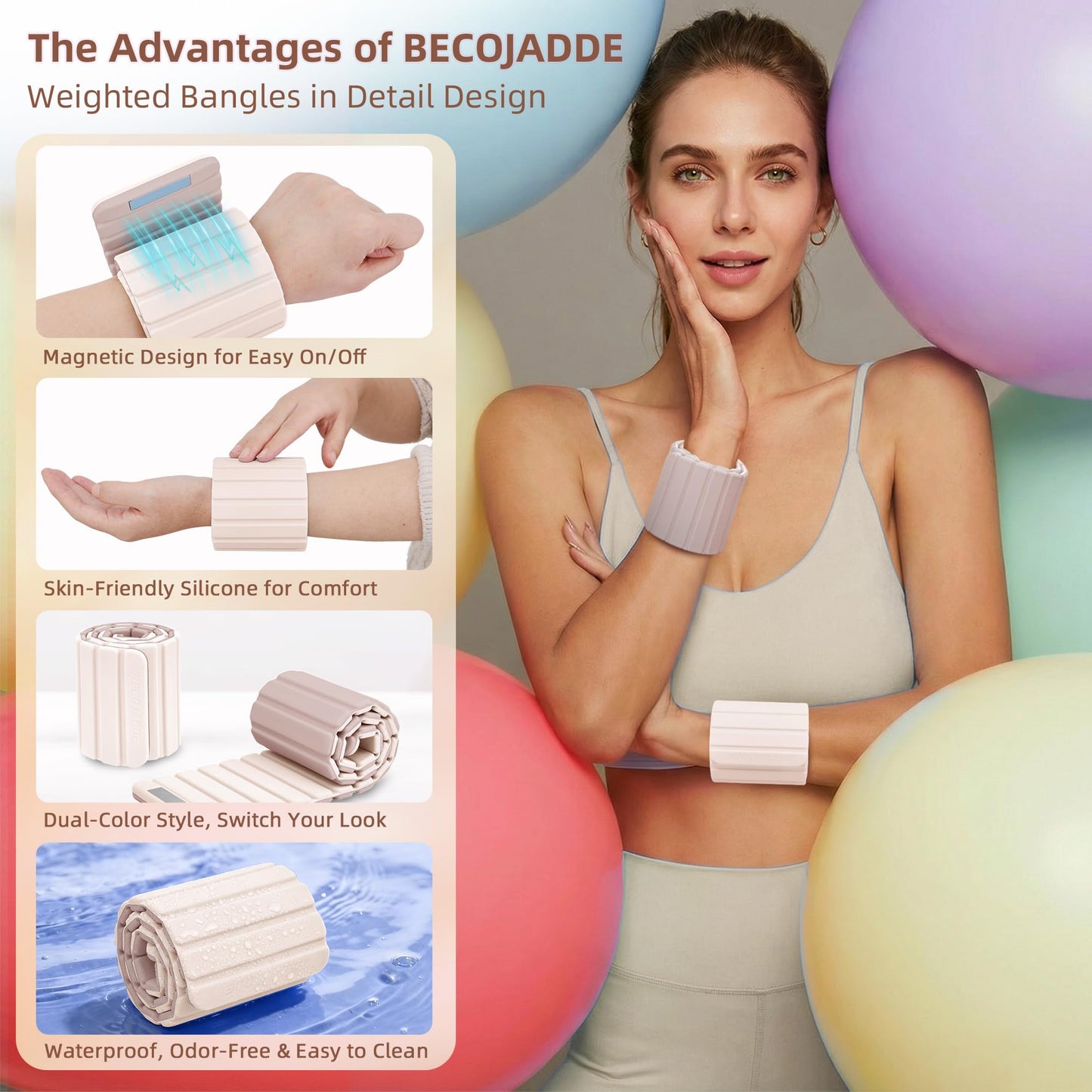 BECOJADDE Wrist Weights Ankle Weights for Women 1 Pair (2.2 lb Each) Silicone Magnetic Leg Arm Weighted Bracelet for Home Yoga Pilates Gym Workout Walking Jogging, Beige Taupe