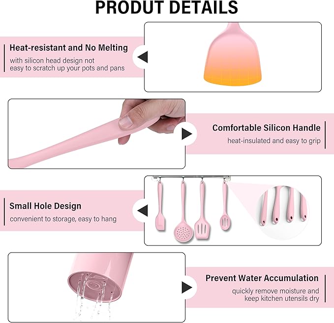 HaWare 11 PCS Silicone Cooking Utensils Set, Heat Resistant Kitchen Utensils with Holder, Food-grade Spatula Sets for Nonstick Cookware, Kitchen Tools Gadgets Include Fish Turner, Spoon (Pink)
