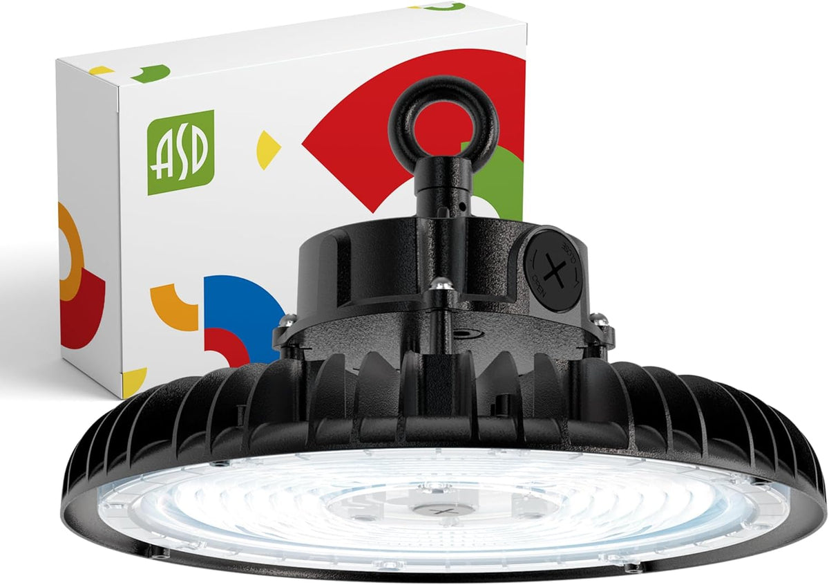 ASD LED High Bay UFO Light Fixture, Commercial Shop Lighting | Dimmable, IP69K Waterproof, DLC Premium, UL Listed | 150W 23000LM 5000K 100-277V | Warehouse, Garage, Workshop, Barn Lamp | Black