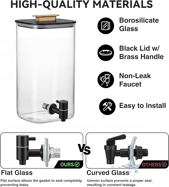 2 PCS 3 Gallon Drink dispenser, Glass Beverage Dispenser With Wood Stand, Large Water Drink Dispensers For Spa, for bars, office waiting room beverage dispenser modern Black