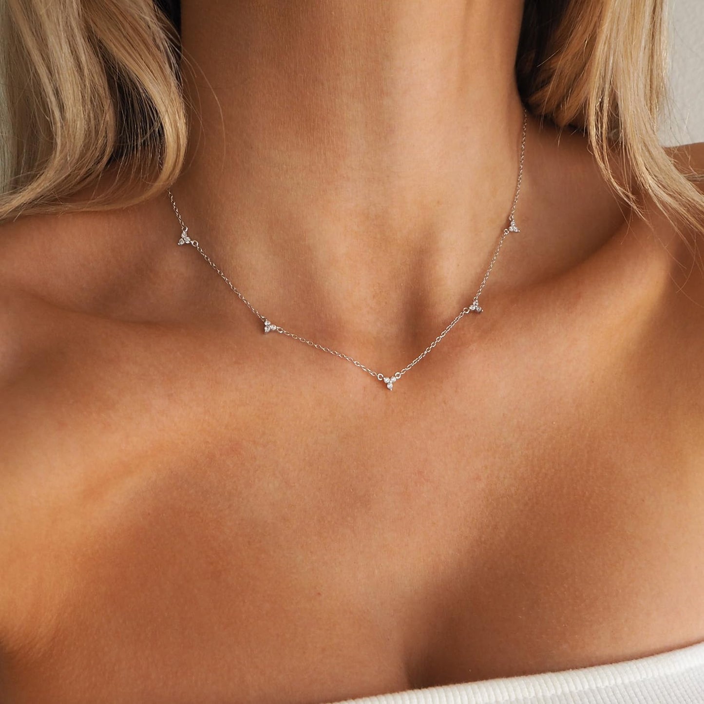 CUEZIY Dainty 14K Gold Plated Necklaces for Women Station Choker Necklace Cubic Zirconia Simulated Necklace Simple Cute Layering CZ Necklace Trendy Jewelry Gifts