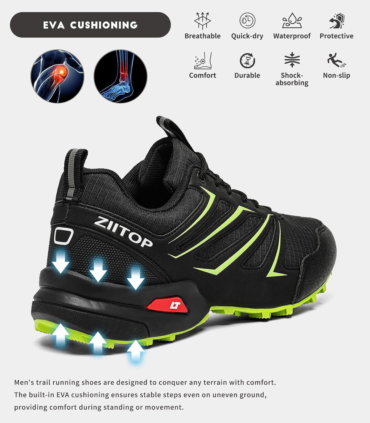Mens Trail Running Shoes Waterproof Non-Slip Hiking Walking Sneakers for Outdoor Trailing Trekking Camping Quest Black