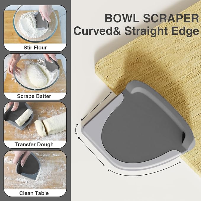 Bench Scraper Dough Cutter Tool - Bowl Pastry Scraper for Bread Cake Pizza, Bench Knife Kitchen Dough Scraper for Baking, Stainless Steel Food Scraper with Grip Handles & Measuring Scale, Grey, Gray