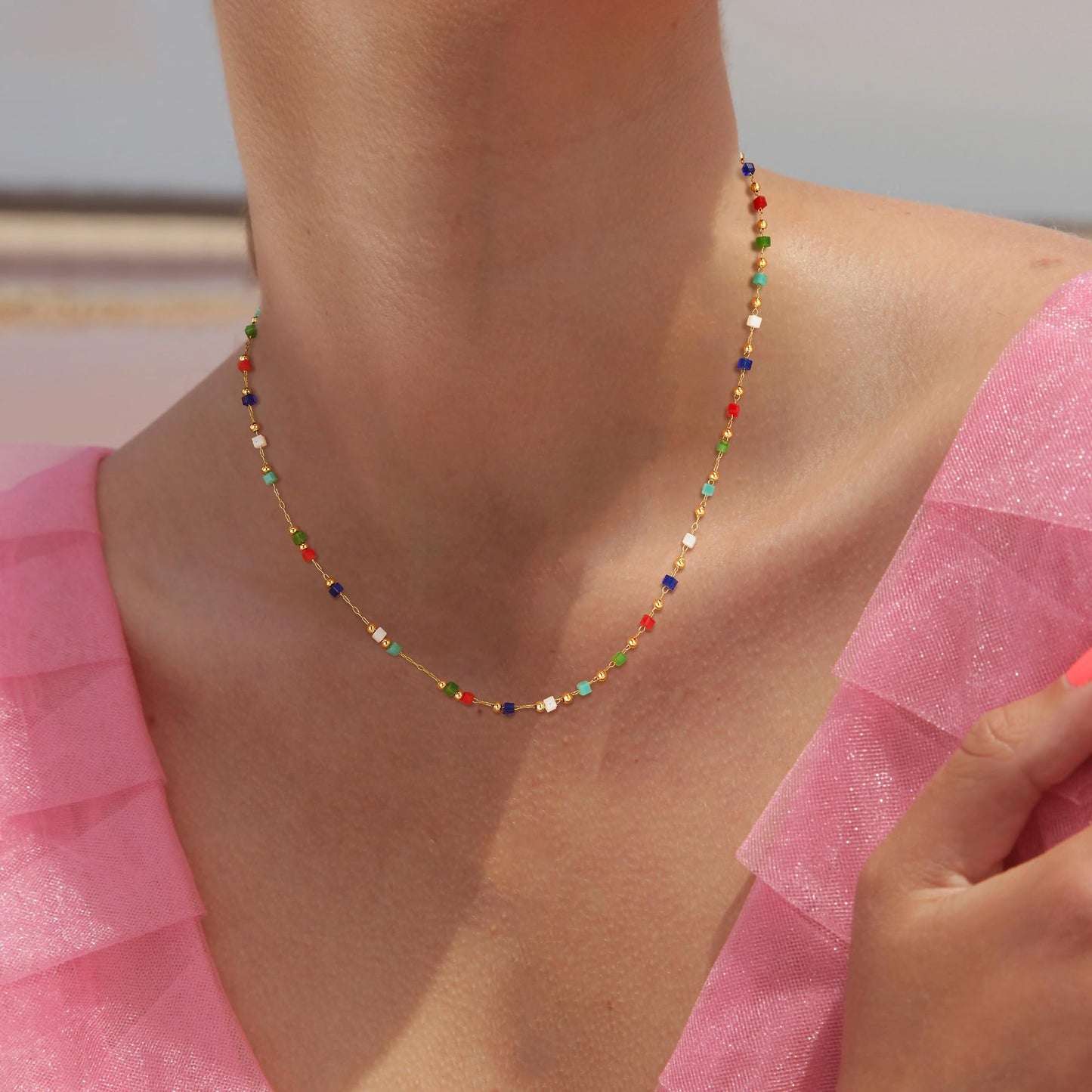 MTMY Beaded Necklaces for Women 14K Gold Plated Dainty Colorful Green/Rose Beaded Pearl Choker Necklace Delicate Boho Jewelry Gift (Layer-mix color)