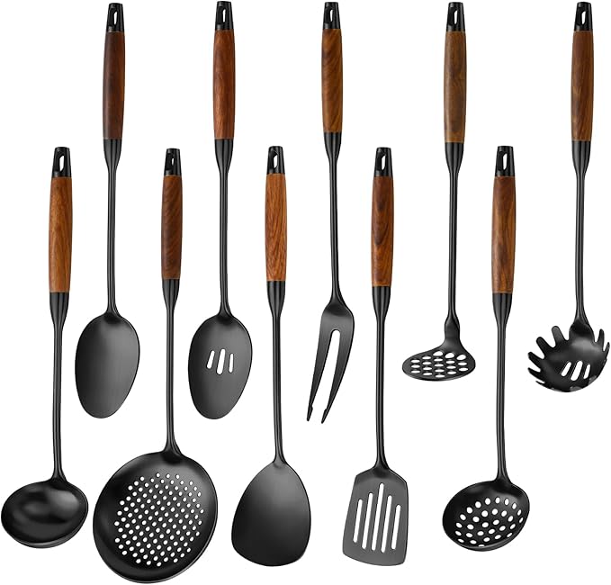 Izurok 18/10 Stainless Steel Kitchen Utensils Set,10 Piece Cooking Utensils With Wood Handle,Heat Resistant Kitchen Tool Set With Spatula,Spoon,Ladle,Skimmer,Slotted Turners,Pasta,Turner,Ladl,Fork