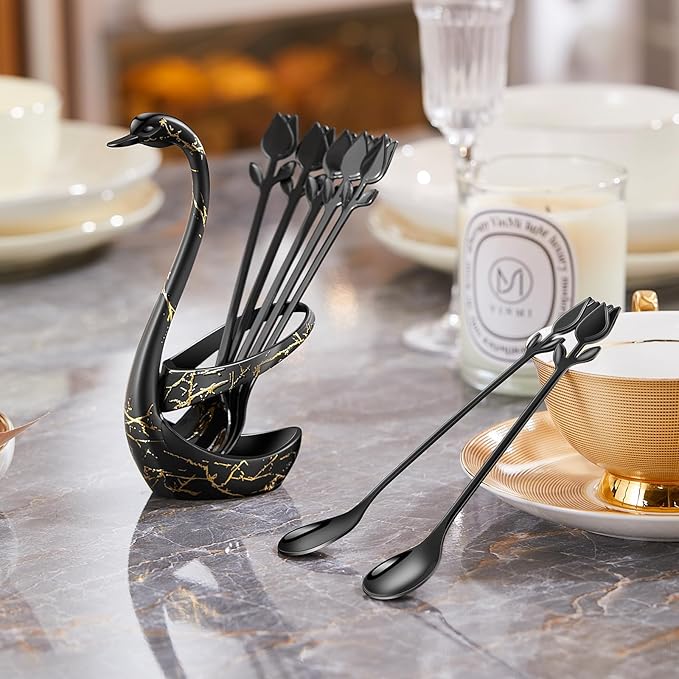 Black Small Coffee Spoon Holder Set,Swan Base With 12 Pcs Demitasse Espresso Spoons Set,6" Mini Tulip/Rose Dessert Spoon,Stainless Steel Tea Spoons
