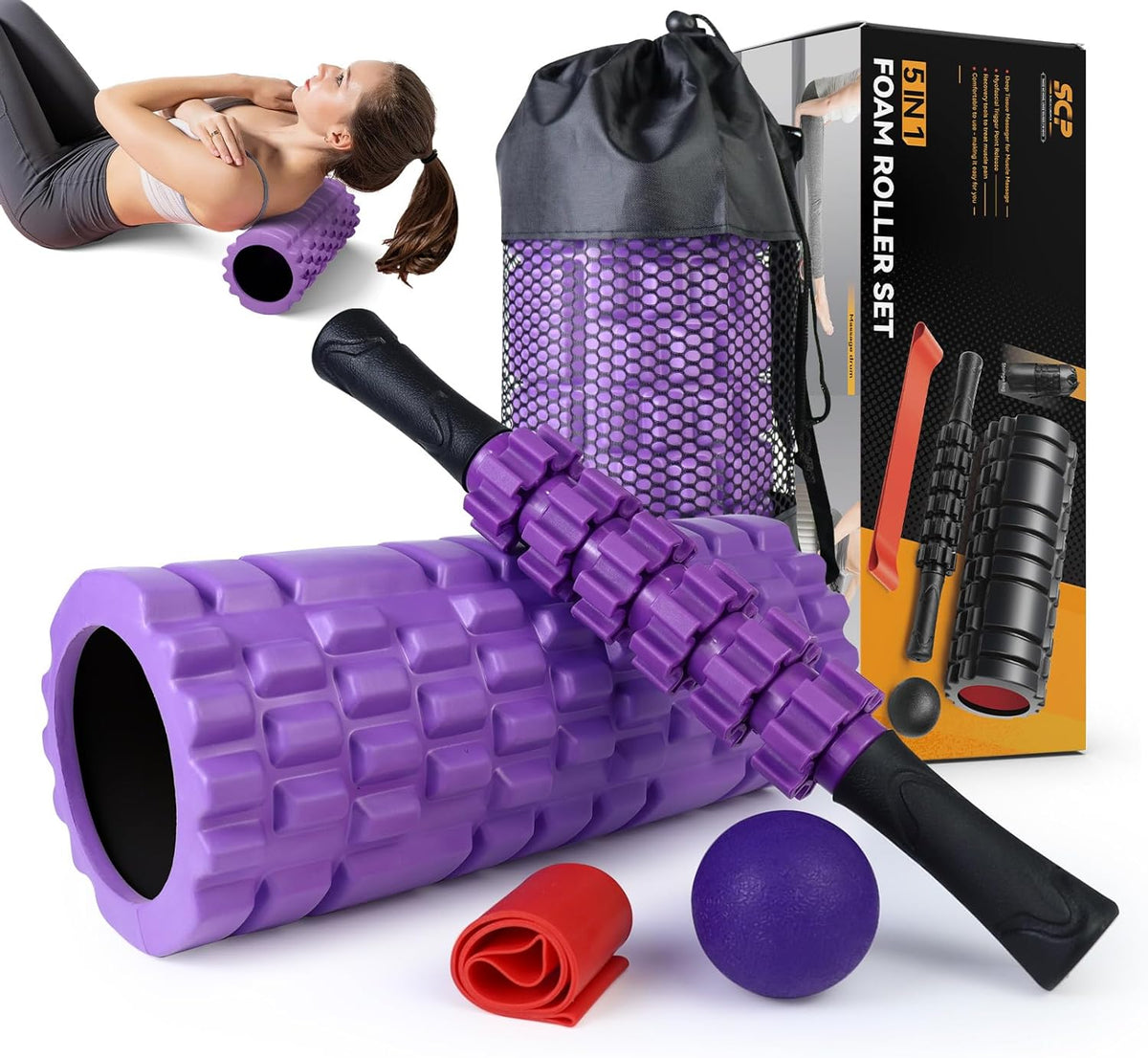 5 in 1 Foam Roller Set for Deep Tissue Muscle Massage, High Density Trigger Point Fitness Patented Exercise Foam Roller, Massage Roller, Massage Ball, Resistance Band, for Whole Body(Purple)
