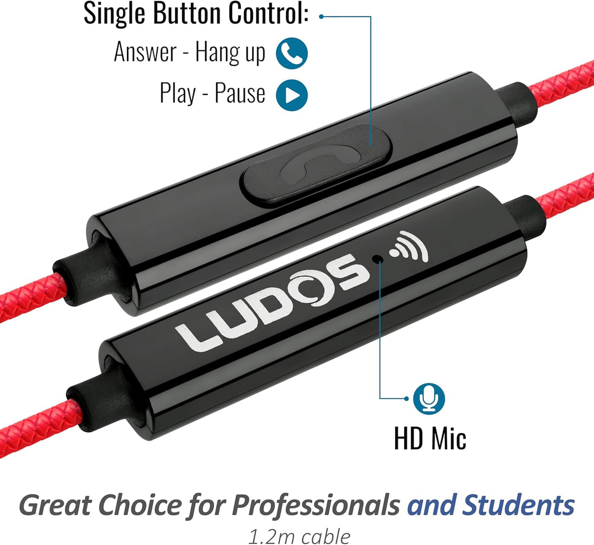 LUDOS Clamor Wired Earbuds in-Ear Headphones, 5 Years Warranty, Earphones with Microphone, Noise Isolating Ear Buds, Memory Foam for iPhone, Samsung, School Students, Kids, Women, Small Ears - Red