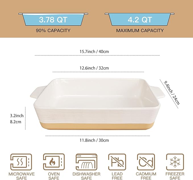 Dafuceramic Casserole Dish for Oven, 4.2 QT Baking Dish, 9x13 Large Porcelain Baking Pan, Durable Rectangular Lasagna Pan Deep with Handles, Microwave Oven Safe, Home Decor, Wedding Gift (Khaki & White)