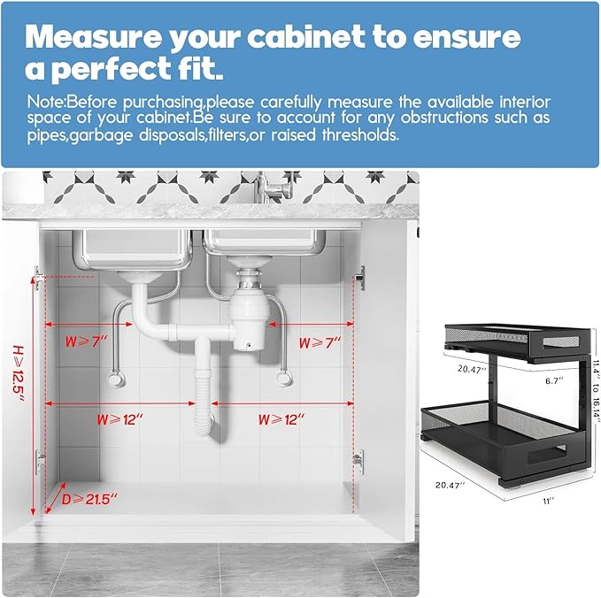 2 Pack 20.47IN Depth Under Sink Storage Organizer, Large 2-Tier Elegant Mesh Pull Out Shelf for Kitchen and Bathroom Cabinet Organization, L-Shaped and Adjustable Height Design-Black