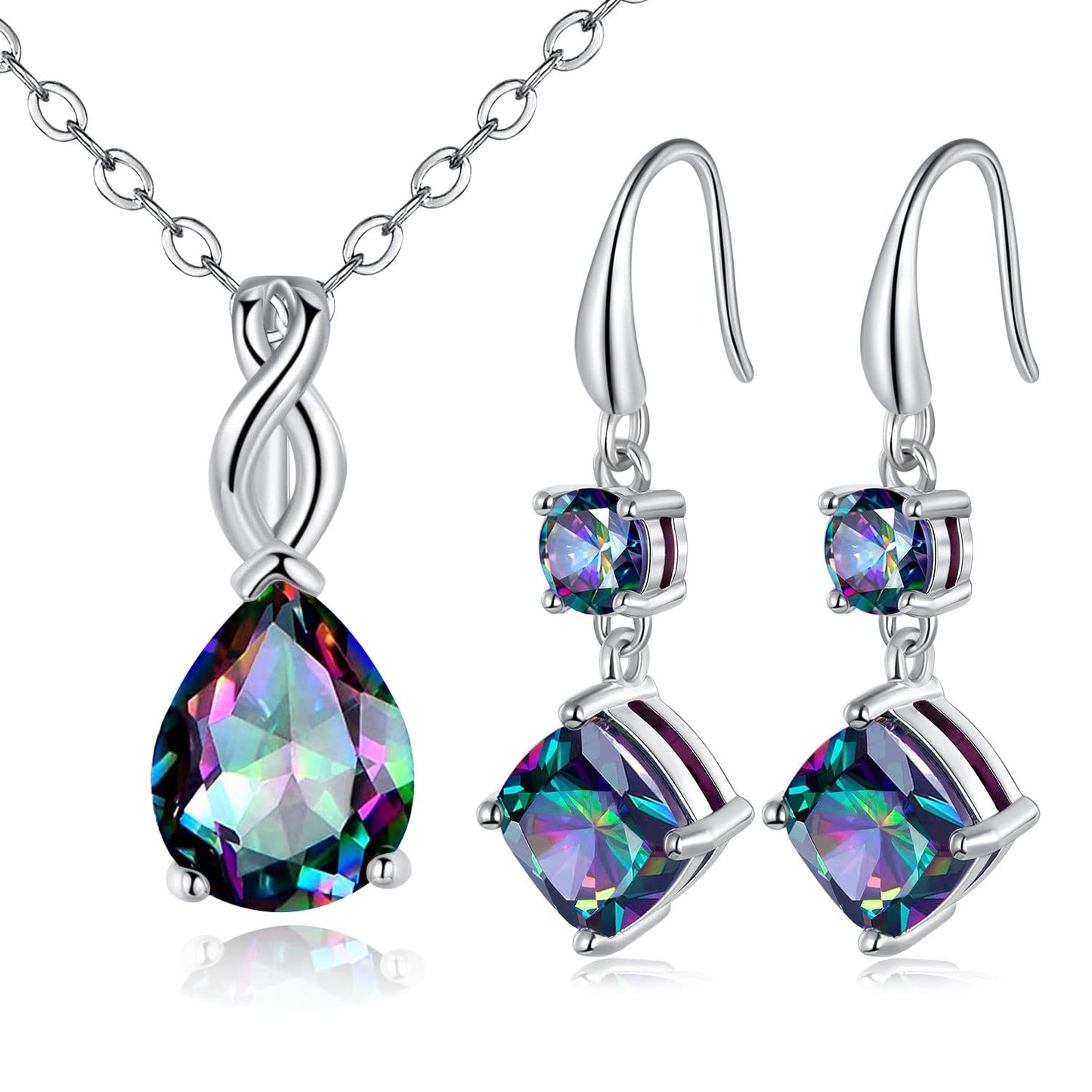 VOLUKA 18K White Gold Plated Created Rainbow Mystic Quartz Teardrop Pendant Necklace and Dangle Earrings Drops Jewelry Set for Women