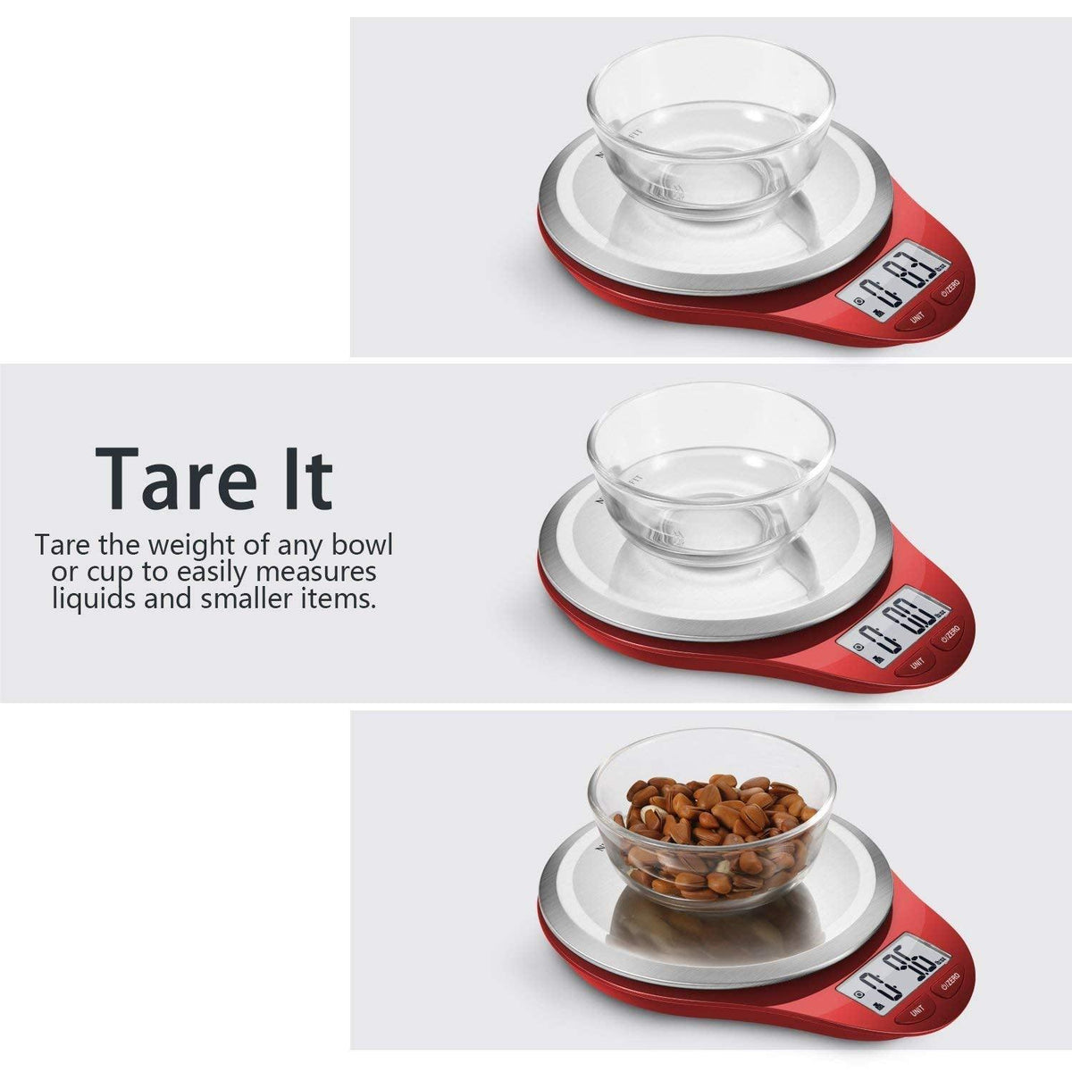 NUTRI FIT Digital Kitchen Scale with Wide Stainless Steel Plateform High Accuracy Multifunction Food Scale with LCD Display for Baking Kitchen Cooking,Tare & Auto Off Function (Red)