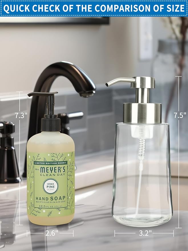 Foaming Hand Soap Dispenser Set, 16 oz Large Glass Soap Dispenser, Foam Dispenser with Stainless Steel Pump & Waterproof Labels, Refillable Soap Bottles for Bathroom Countertop, 2 in 1