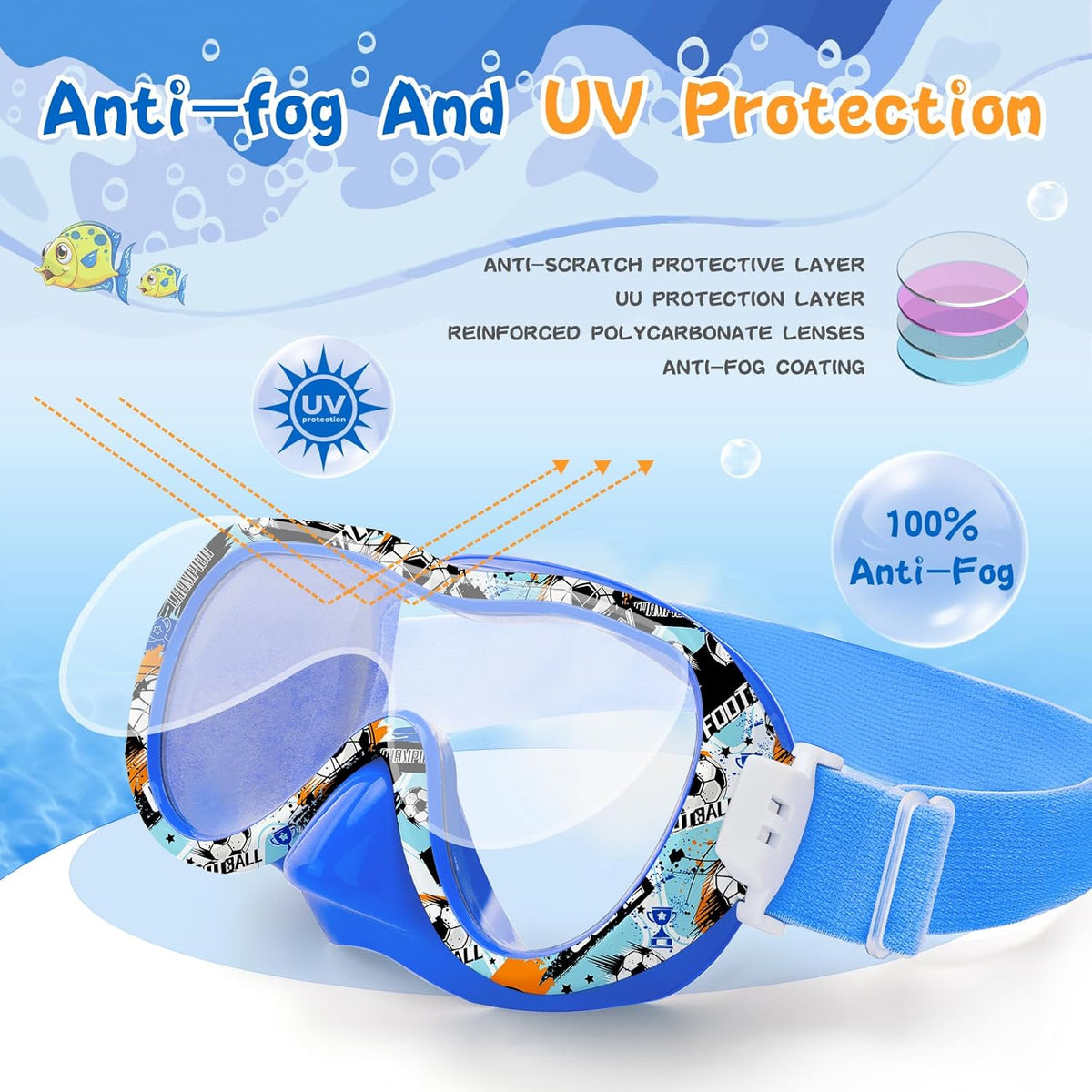 Kids Swim Goggles 180° Snorkel Diving Mask with Nose Cover, Anti-Fog Kids Swimming Goggles with Elastic Fabric Strap for Kids Boys Girls