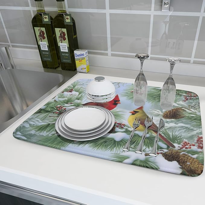 Winter Dish Drying Mat for Kitchen Counter Cardinal Birds Pine Trees Festival Microfiber Absorbent Dish Draining Reusable Washable Foldable Extra Large 18"x24"