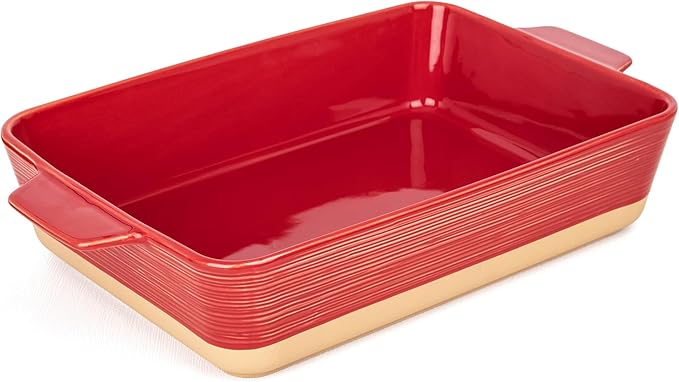 Dafuceramic Casserole Dish for Oven, 4.2 QT Baking Dish, 9x13 Large Porcelain Baking Pan, Durable Rectangular Lasagna Pan Deep with Handles, Microwave Oven Safe, Home Decor, Wedding Gift,(Khaki & Red)