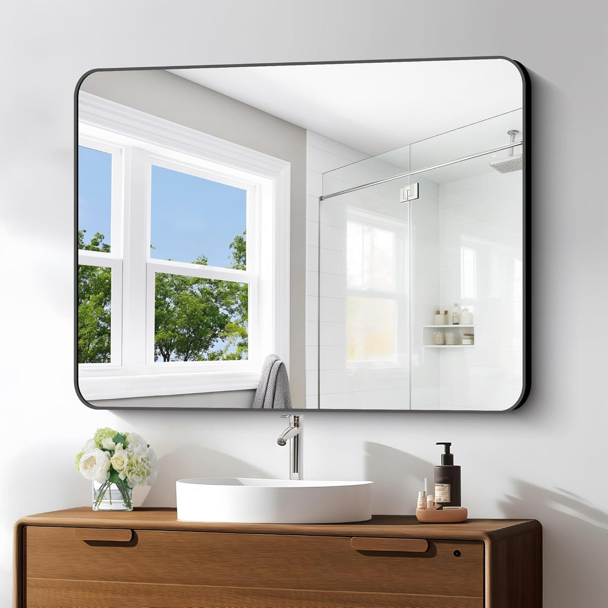 30x40 inch Bathroom Mirror,Black Rectangle Mirror,Wall Mounted Bathroom Frame Vanity Mirror with Round Corner for Bedroom Living Room, Entryway Hangs Horizontal or Vertical