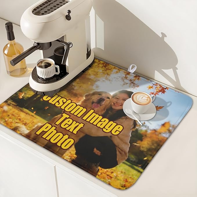Personalized Dish Drying Mat for Kitchen Counter,Customized Drying Mats with Photo Text Image 16 x 18 Inch with High Absorbent Microfiber Drainer Mat for Coffee Bar