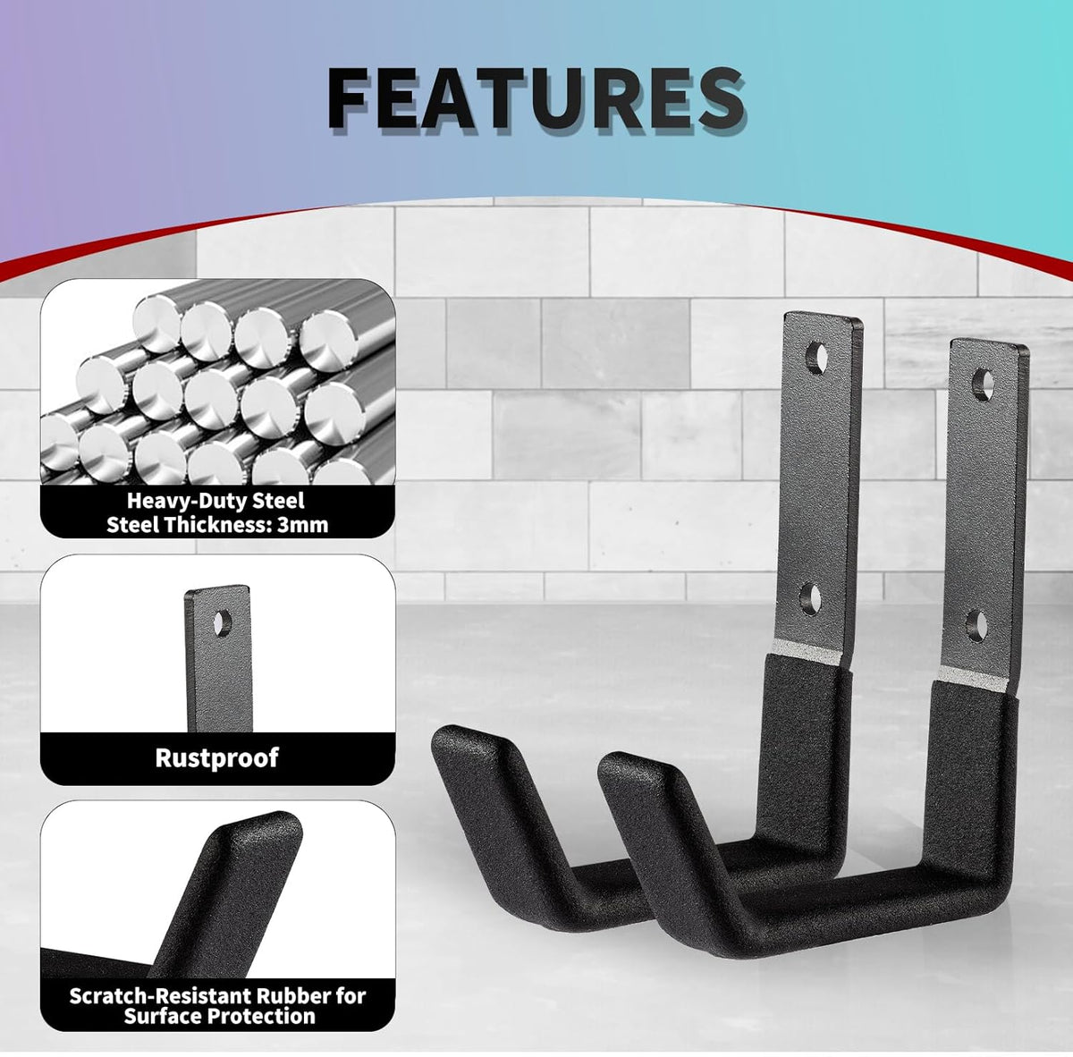 Heavy Duty Steel Hooks - Wall Mount Organizer for Garage & Garden Tools, Hoses & More (4, Small)