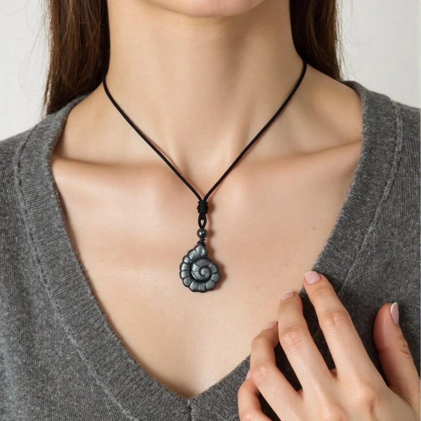 EDEN'S CALL Crystal Conch Shell Necklace for Women Healing Stone Ocean Pendant, Boho Beach Necklace with Polished Natural Gemstone Adjustable Cord Worry Stone Jewelry Gift, Silver Obsidian