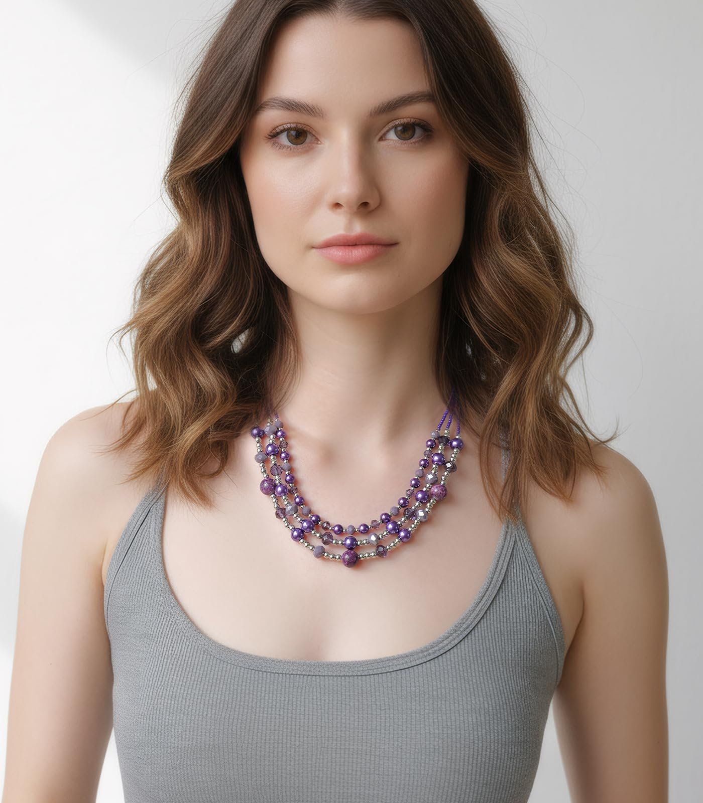 Noessla Beaded Statement Necklaces for Women Layered Chunky Bead Necklace Fashion Costume Jewelry Gifts for Mom(Purple)