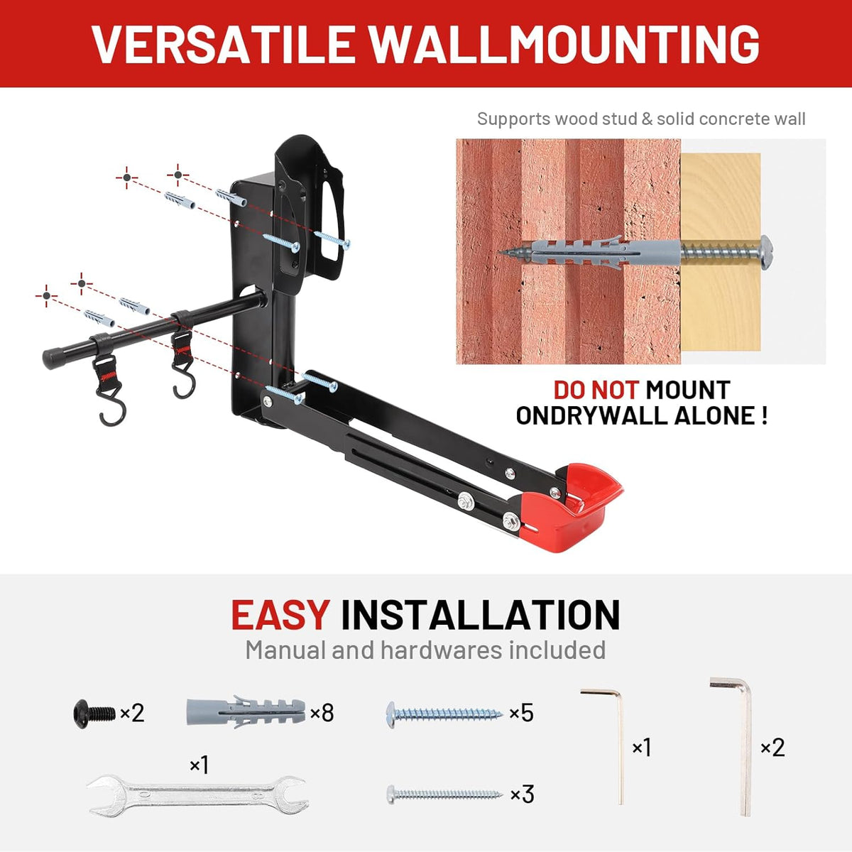 Bike Wall Mount Rack Adjustable & Foldable Garage Bike Rack with Swivel Design & 2 Storage Hooks, Fits 20"-29" Bikes, Holds Up to 77 lbs, Easy Install & Space-Saving Bike Storage 1 Pack