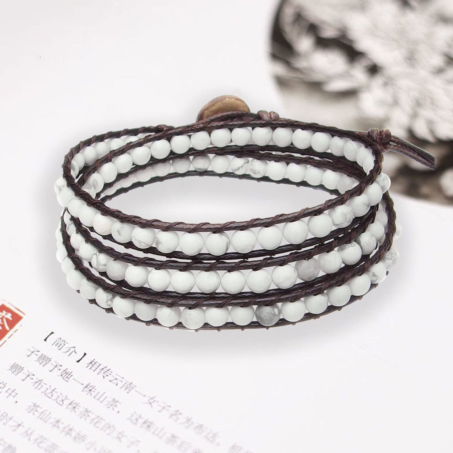 Ayriwoyi White Turquoise Bracelets Wrap Bracelet for Women Howlite Beads Healing Crystal Stone Bracelet Boho Bracelet Adjustable
