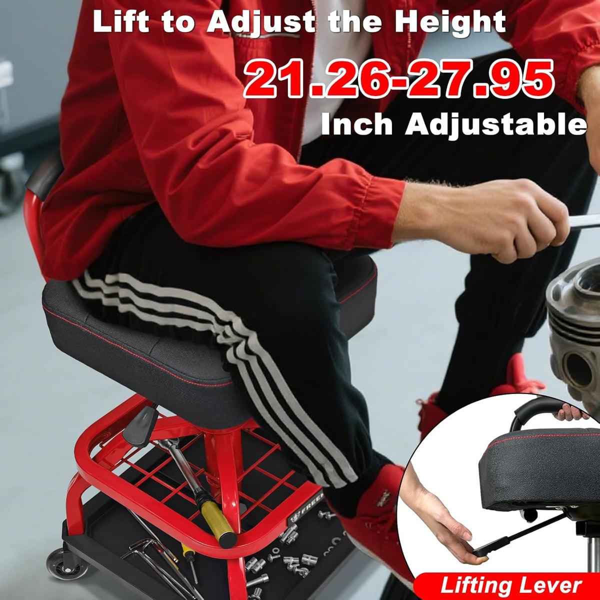 Rolling Shop Stool with Wheels, Garage Mechanic Shop Chair with Handle Backrest, Adjustable Height Work Stool, Roller Seat with Tool Tray Storage, Heavy Duty, 330 LBS Capacity, Red