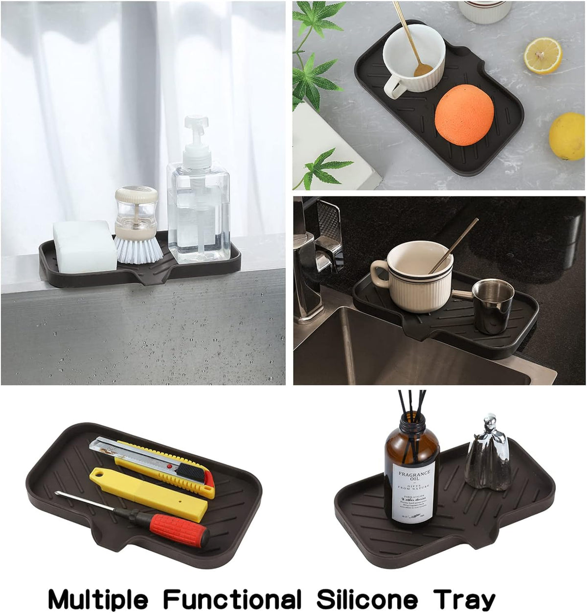 Silicone Bathroom Soap Dishes with Drain Spout-Bathroom and Kitchen Sink Organizer,Sponge Holder,Dish Soap Tray,Perfect for Dispenser,Scrubber,Bottle,Cup on Sink or Counter-Coffee 9.6"×5.3"