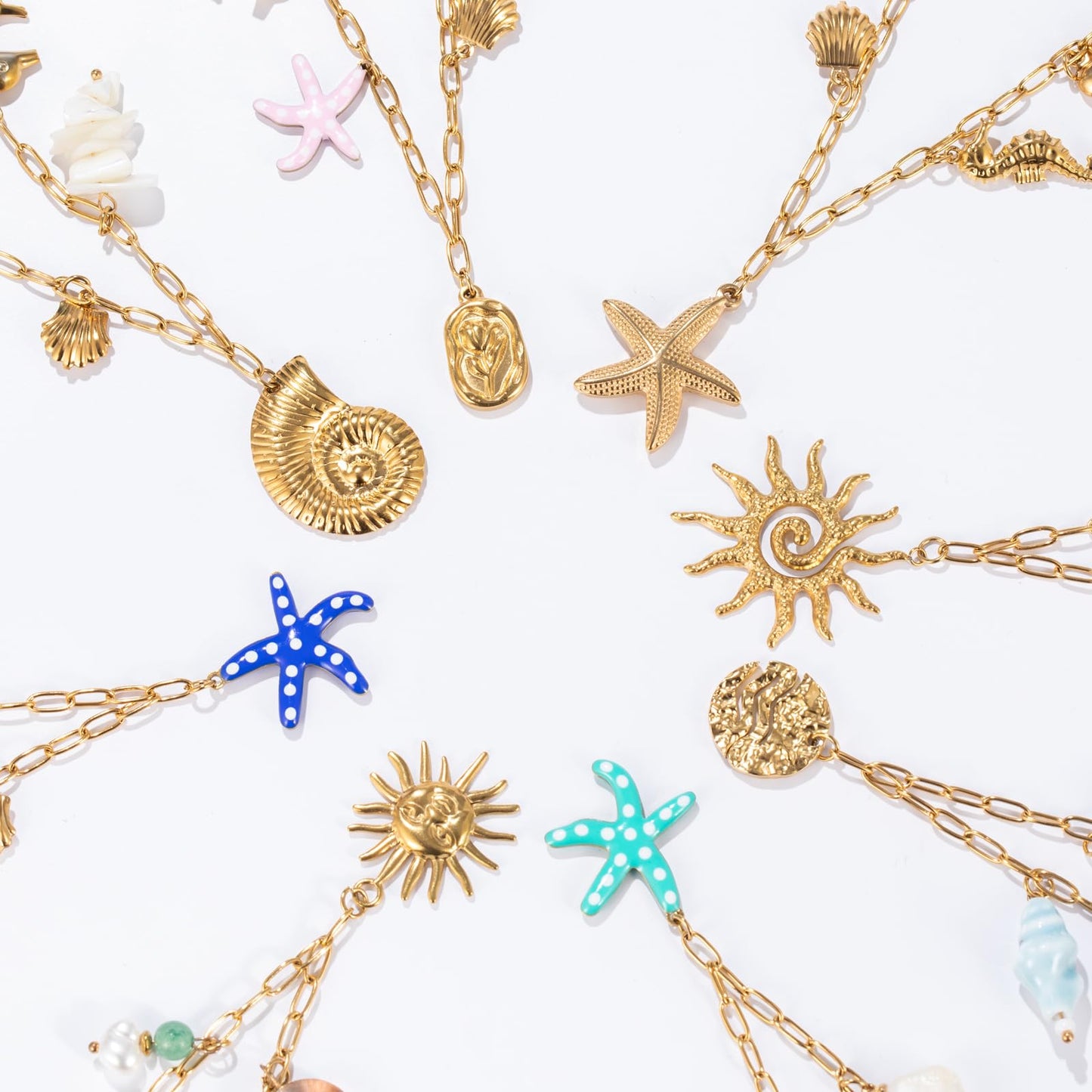 Chunky Gold Necklace Statement Boho Beach Ocean Summer Stainless Steel Jewelry Shell Starfish Turquoise Dolphin Pearl Sun Flower Wave Heart Fish Charm Choker Necklaces for Women(Sun Smile)