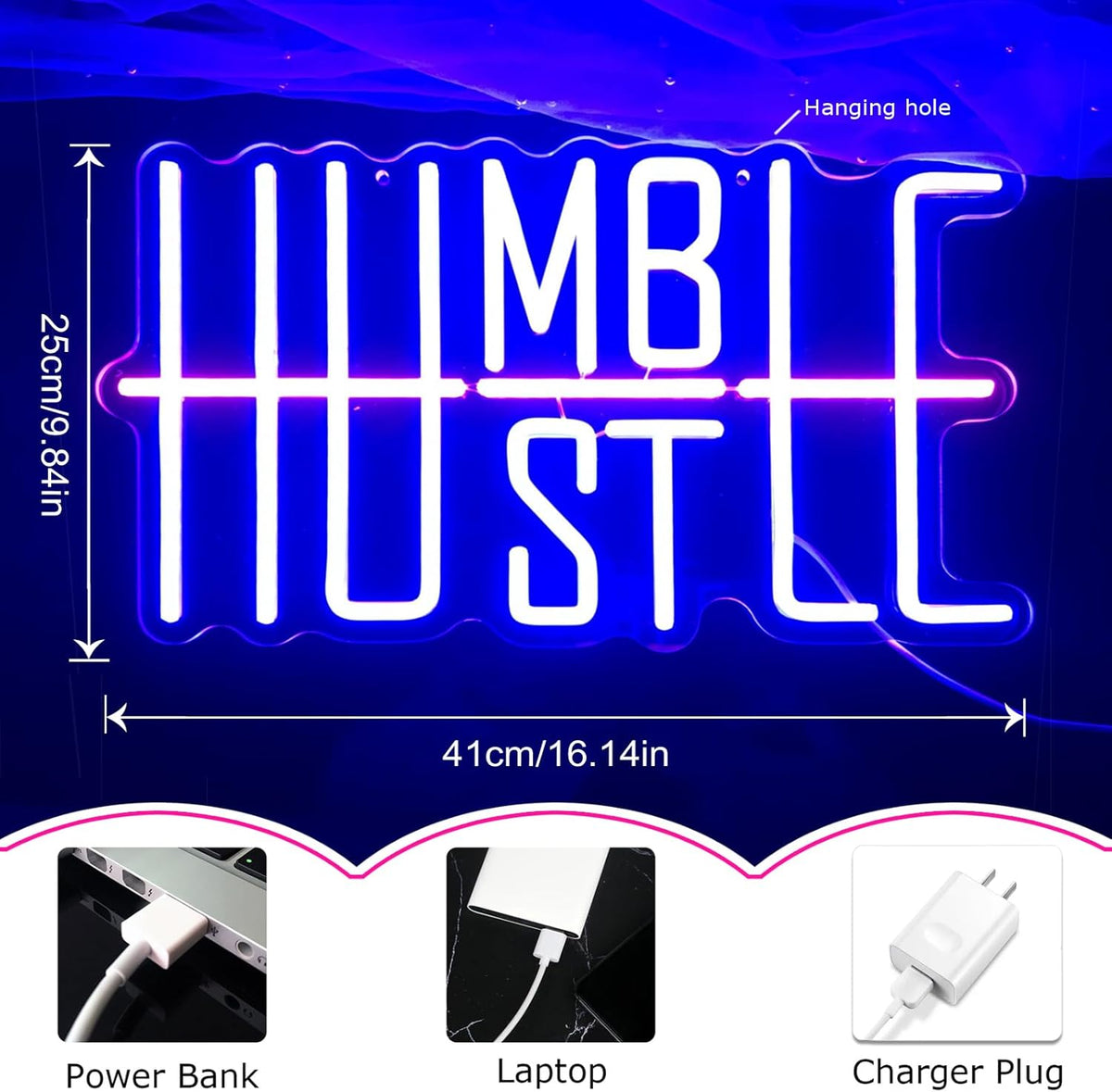 Humble&Hustle Neon Sign Light Up for Wall Decor Hustle Led Sign for Gym Small Acrylic Art Decor for Office Bedroom Decorations 16.54x9.45 inch