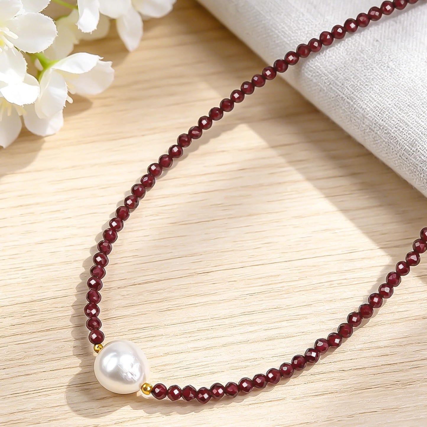 Single Pearl Necklaces for Women, Garnet Necklace Natural Red Stone Gemstone Choker Necklace, Dainty Pearl Drop Necklace Handmade Jewelry Women Christmas Gift Birthday Bridesmaids Anniversary 18 inch