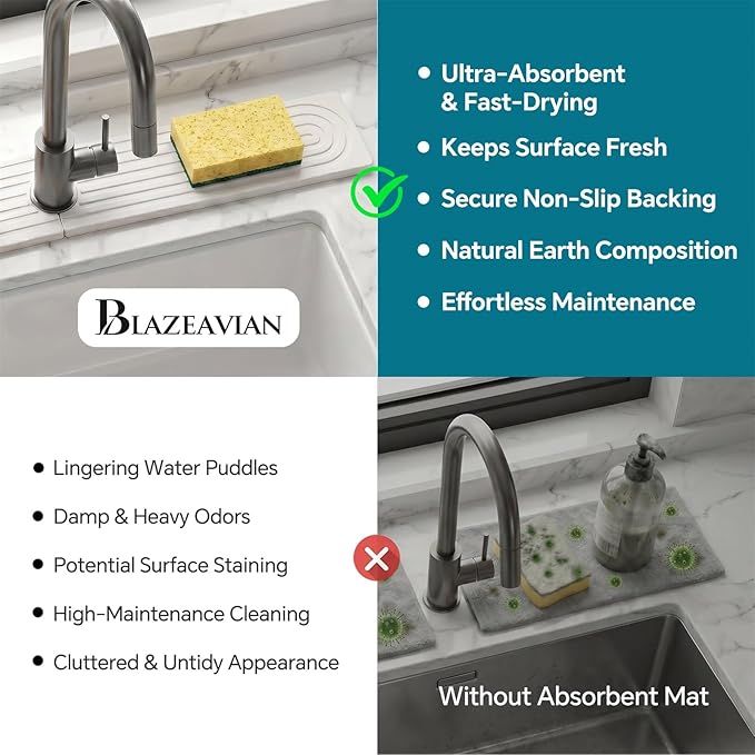 Stone Faucet Mat for Kitchen Sink-Diatomite Drying Stone Mat& Sink Protector,Quick Dry Water Absorbing Stone Tray ,Sink Splash Guard for Kitchen Counter & Bathroom Counter (White, 15.7"x3.9")