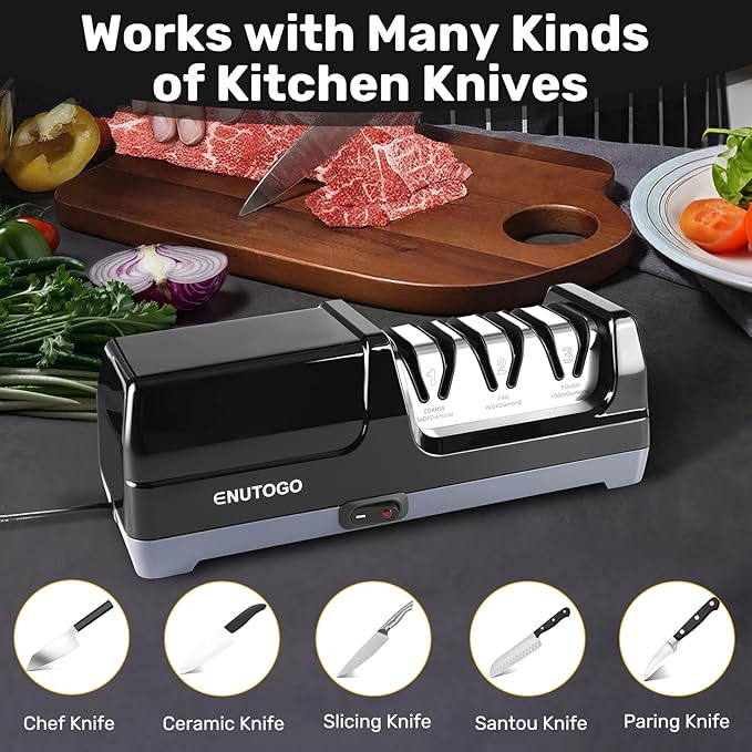 Enutogo Knife Sharpener, 3-Stage Electric Knife Sharpener for Kitchen Knives, 100% Diamond Abrasive with Quick Sharpening & Polishing, Professional Sharpening Tool with Metal Dust Collection Box