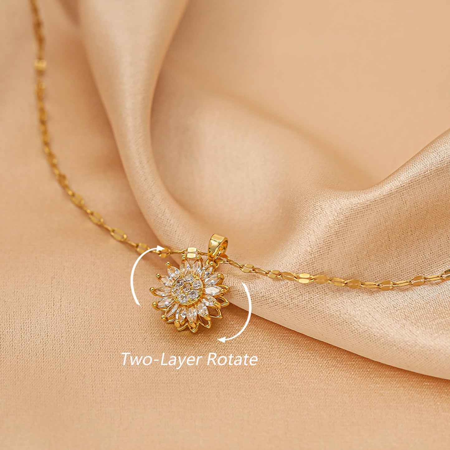 KONPJE Sunflower Fidget Necklace for Women Gold Moon Necklace Rotating Heart Necklaces Spinning Crystal Sunflower Anxiety Necklaces Crescent Moons Jewelry Accessories (Sun)