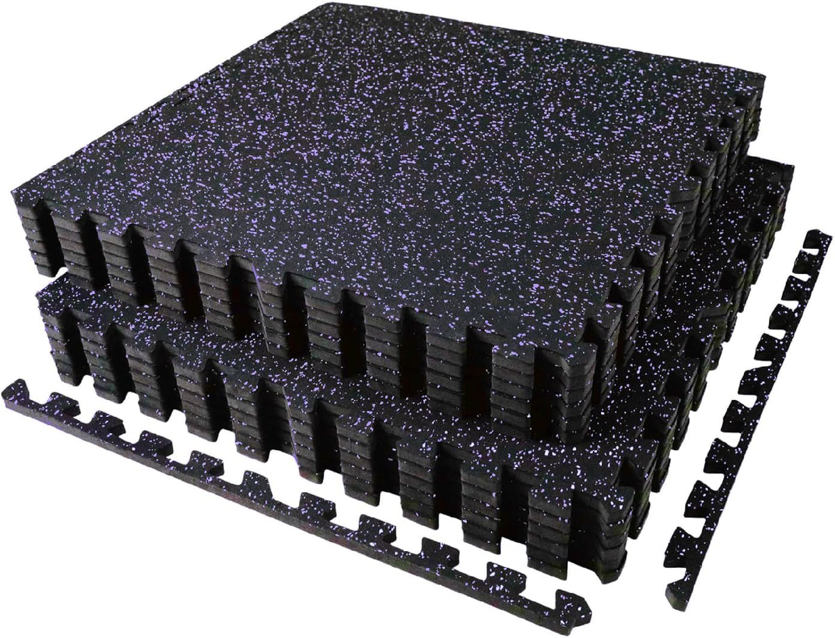 0.56in Thick 48 Sq Ft Exercise Equipment Mats, 12 Tiles Upgraded Rubber Top with High Density EVA Foam, Large Interlocking Puzzle Gym Flooring for Home Gym, Heavy Weight Workout, Black & Purple