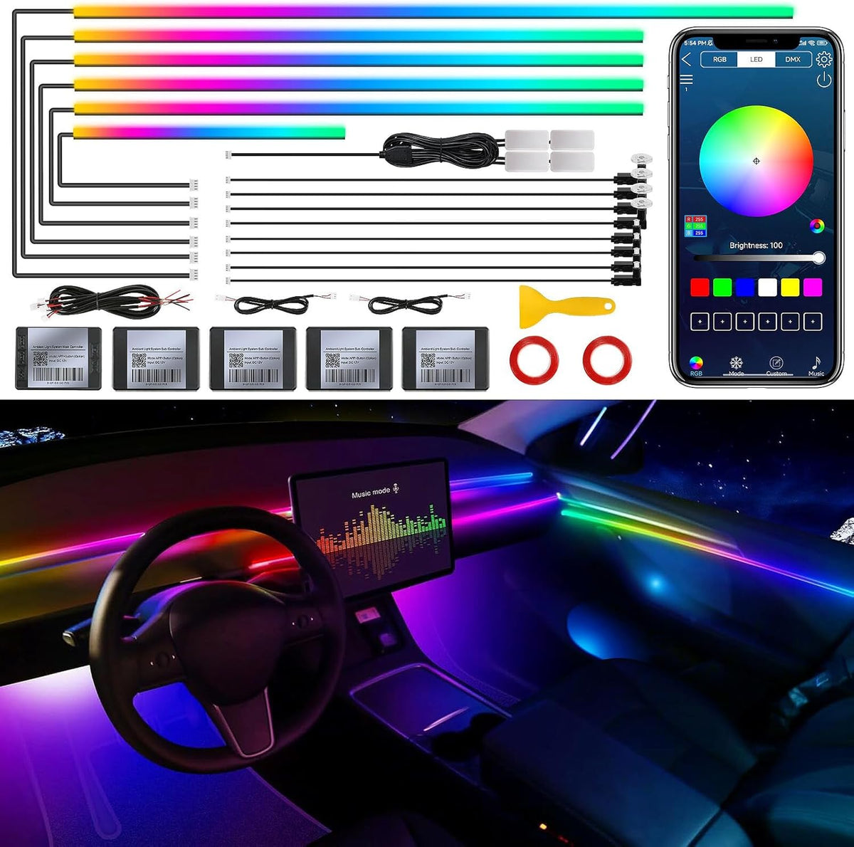 Dream+Color Acrylic Interior Car LED Strip Light with Wireless APP, RGB 18 in 1 with 175 inches 593 LEDs Fiber Optic Strip Lights for Car, Dynamic Chasing Music Sync Neon Ambient Lighting Kits
