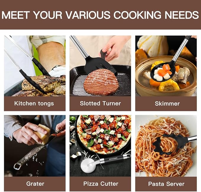 Kitchen Utensils Set-Silicone Cooking Utensils-32 pcs Non-Stick Silicone Cooking Kitchen Utensils Spatula Set with Holder-Best Kitchen Cookware with Stainless Steel Handle (Black)