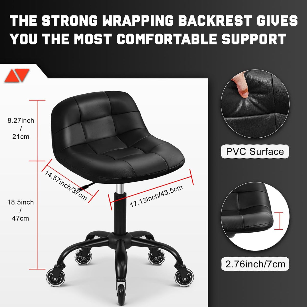 Rolling Stool with Wheels, Garage Shop Stool with Backrest, Roller Seat with Pneumatic Adjustable Height 16.93"-19.69", Heavy Duty Multi-Purpose Chair for Shop Salon Office Home, Black