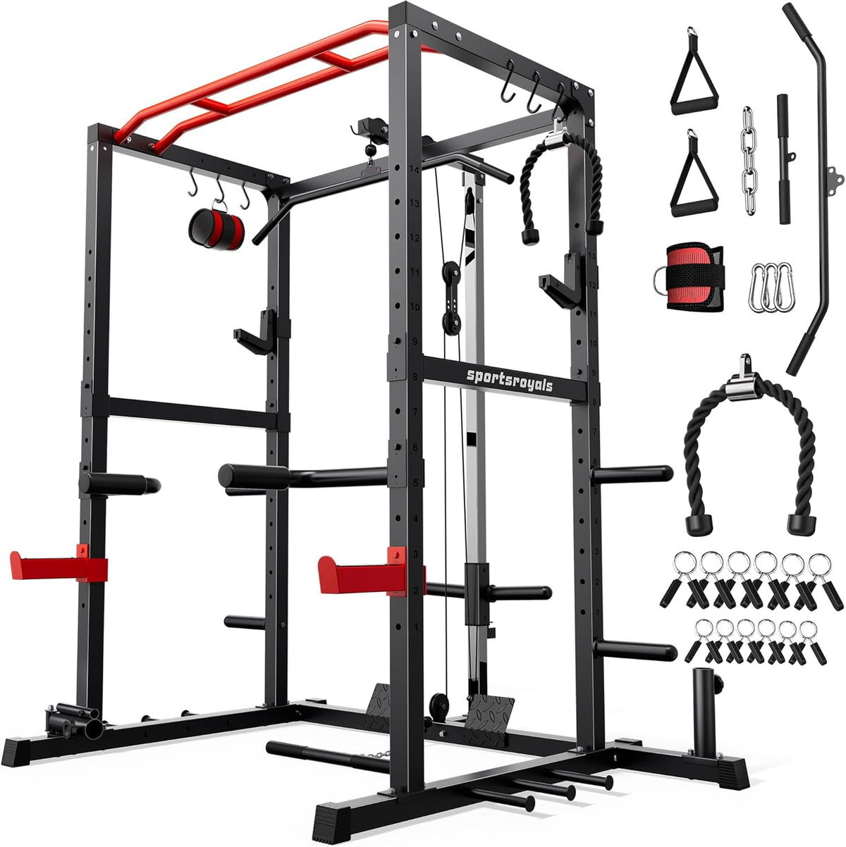 Sportsroyals Power Cage,1600lbs Multi-Function Power Rack with Adjustable Cable Crossover System and More Training Attachment, Weight Cage for Home Gym
