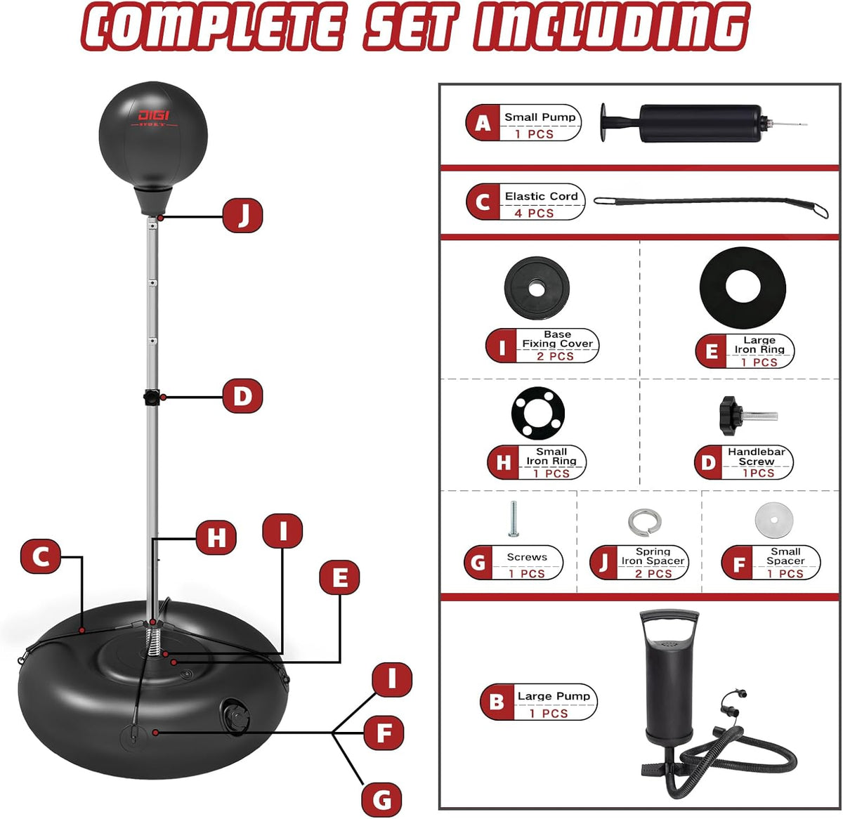 Punching Bag with Stand for Adults and Teens, Height Adjustable, Speed Bags for Boxing with Hand Pump and 4 Elastic Cords, Boxing Punching Bag for Training, Stress Relief and Fitness