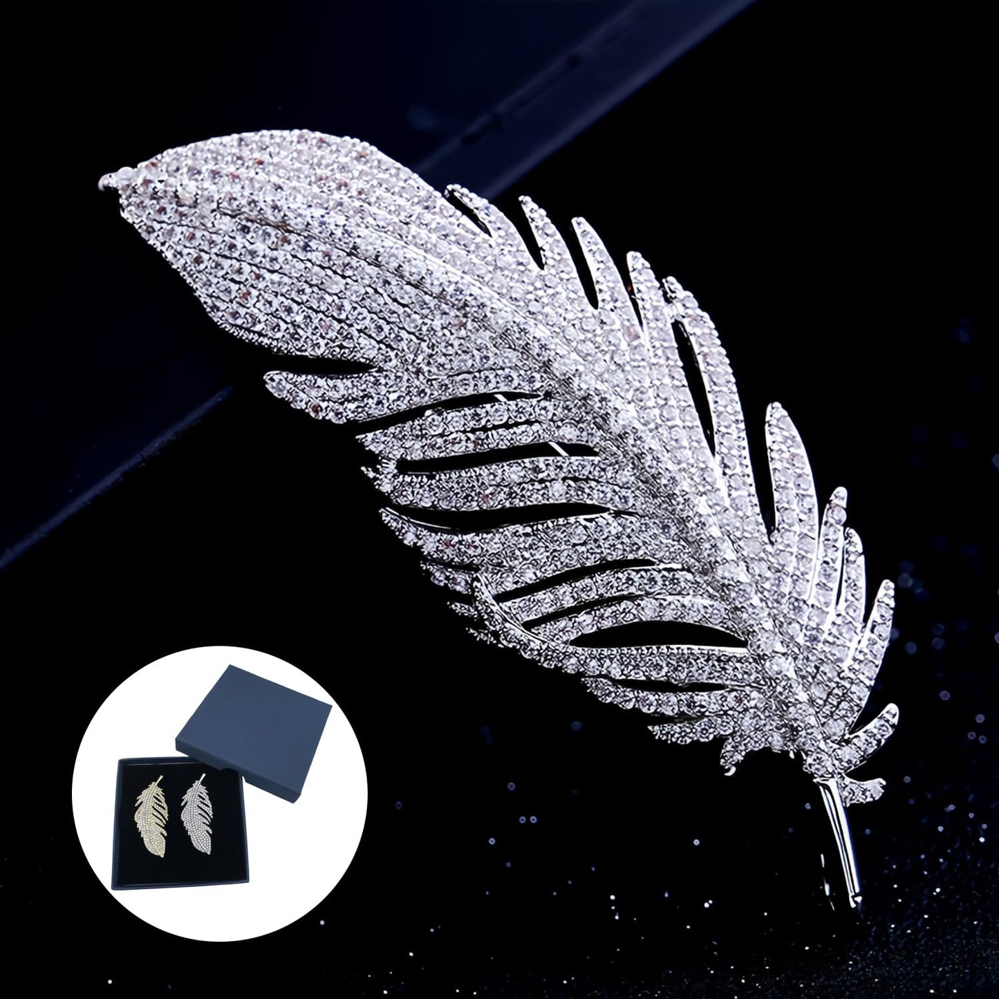 Yaximhozz 2pcs Rhinestone Feather Brooch Pin for Women Dress Elegant Stylish Crystal Brooches Fashion Accessories Pins Lapel Boutonniere Ideas Wedding Christmas Birthday Jewelry Easter Gift (01 Silver/Gold)