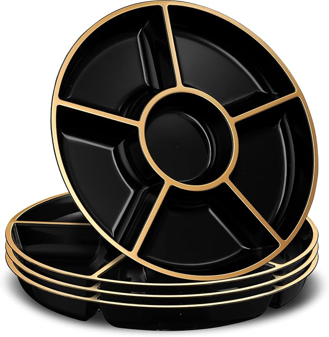 Plasticpro 6 Sectional Round Plastic Serving Tray/Platters Black & Gold Pack of 8