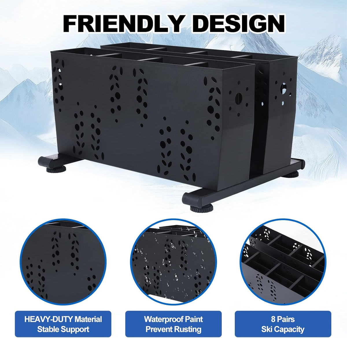 Freestanding Ski Storage Rack for 8 Pairs, Floor Stand Ski Organizer Rack, Heavy Duty Alloy Steel Ski Holders Ski Organizer, Freestanding Ski Organizer for Garage Basement