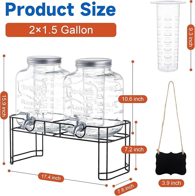 1.5 Gallon Glass Drink Dispensers for Parties, 2PACK Beverage Dispenser with Stand, Ice Cylinder and Stainless Steel Spigot 100% Leakproof, Beverage Dispenser for Lemonade Sun Tea
