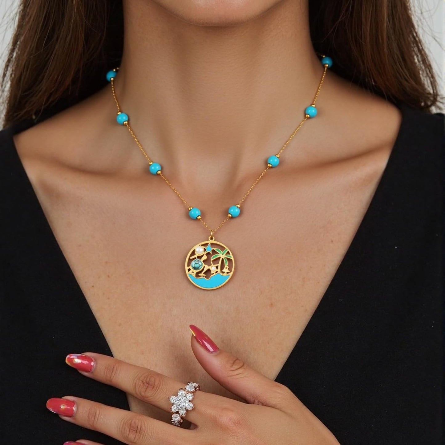 LCTrusttmor Gahna Turquoise Necklace for Women, 18K Gold Plated Sea Turtles Pendant with Adjustable Choker Boho Necklaces for Women, Summer Beach Jewelry Gifts